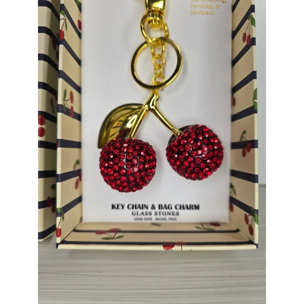 Piper K Cherries Glass Stone Bag Charm and Key Chain Accessory - NEW - Picture 3 of 7